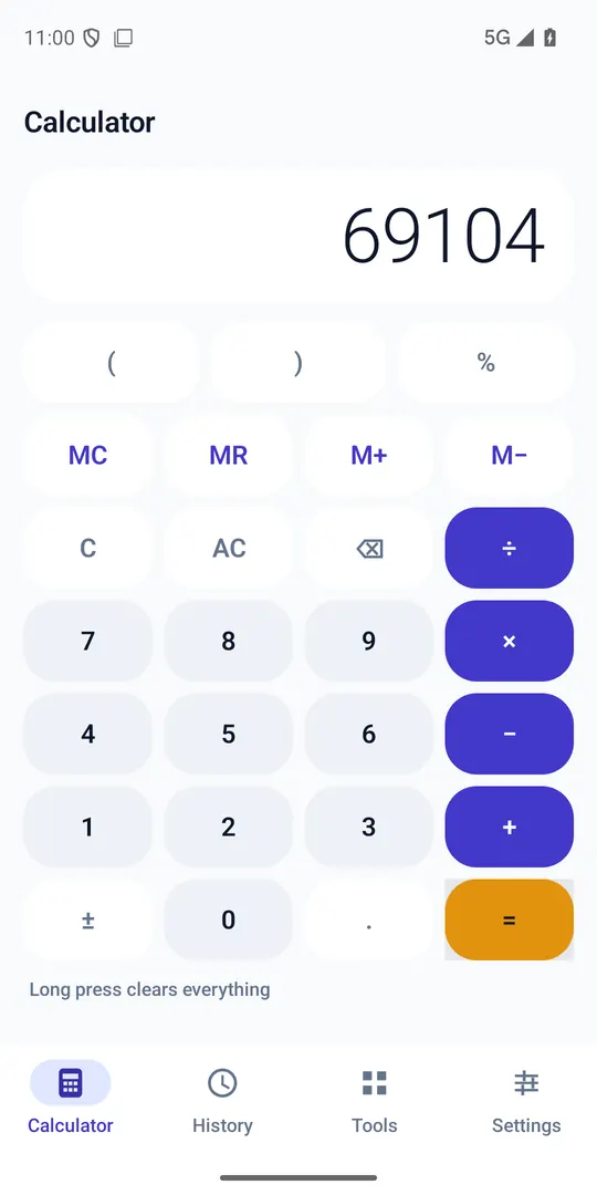 The calculator on an Android phone: large digit display, keypad with memory keys and the four sections Calculator, History, Tools and Settings