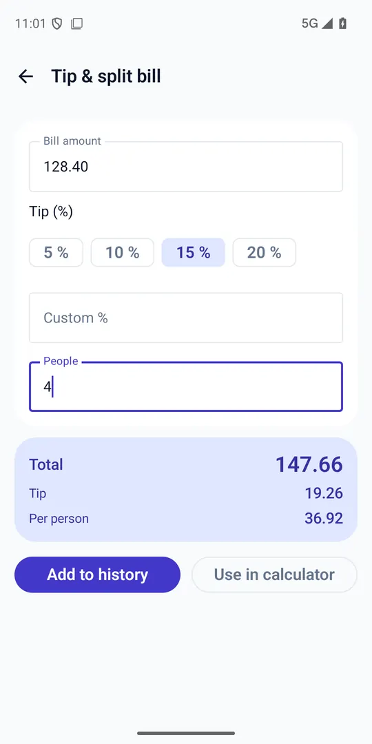 The tip calculator: bill amount 128.40, 15 per cent selected, four people – total 147.66, tip 19.26, per person 36.92