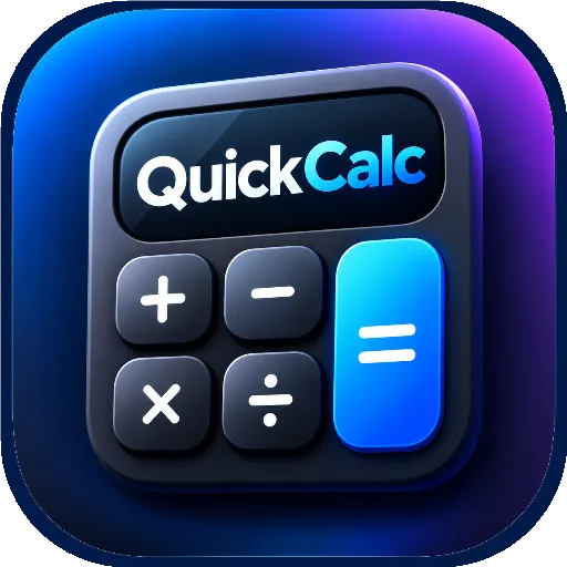 QuickCalc app icon: dark calculator tile with a blue equals key
